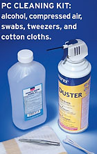 PC Cleaning Kit: alcohol, compressed air, swabs, tweezers, and cotton cloths.